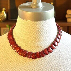 Vintage Red Glazed Bead Necklace, 18" Boho